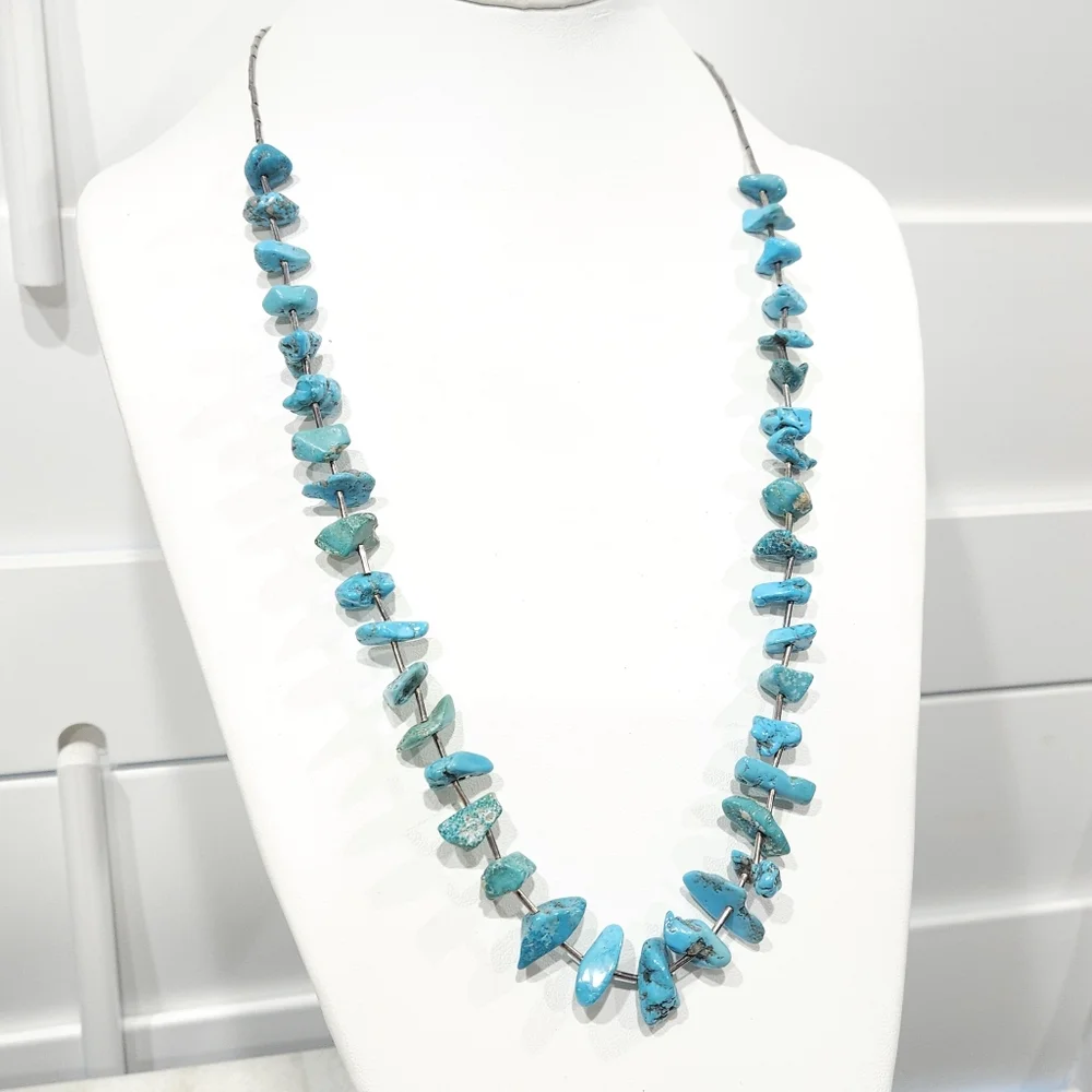 Vintage Southwestern Turquoise Nuggets Sterling Silver Heishi Bead Necklace
